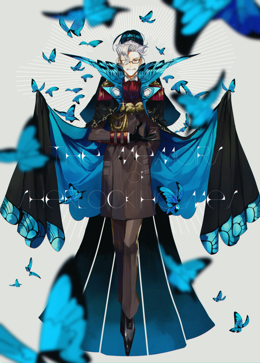 2boys absurdres albino_(a1b1n0623) back-to-back bangs black_gloves black_hair blue_eyes bug butterfly facial_hair fate/grand_order fate_(series) formal full_body glasses gloves grey_hair high_collar highres huge_filesize insect james_moriarty_(fate/grand_order) long_sleeves looking_at_viewer male_focus multiple_boys mustache pants sherlock_holmes_(fate/grand_order) shoes smile vest