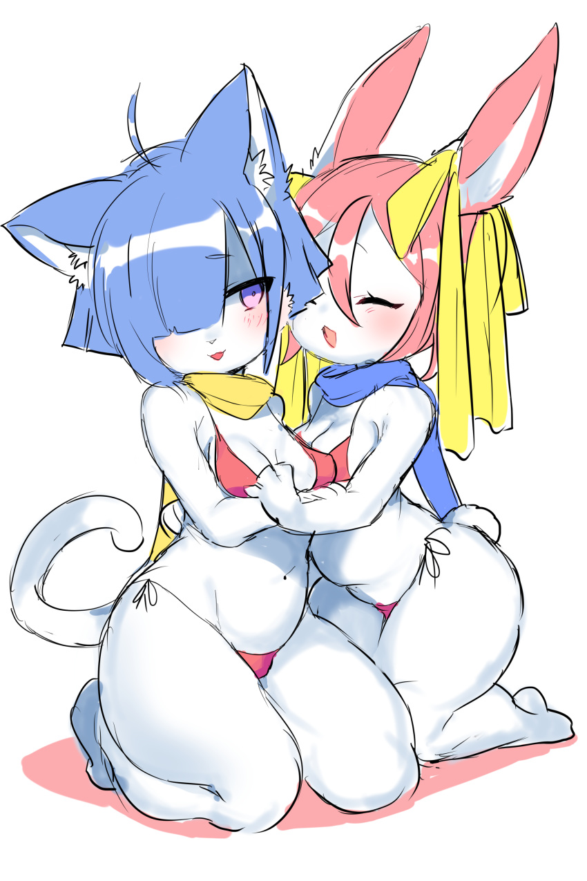 2girls :3 :d ^_^ ^o^ absurdres ahoge animal_ear_fluff animal_ears animal_nose bikini blue_hair blush breasts bunny_girl bunny_tail cat cat_ears cat_girl cat_tail closed_eyes commentary_request eyebrows_visible_through_hair furry hair_between_eyes hair_ribbon highres kneeling medium_breasts medium_hair multiple_girls open_mouth original rabbit rabbit_ears red_bikini ribbon scarf short_hair simple_background smile suurin_(ksyaro) swimsuit tail violet_eyes white_background white_fur yellow_ribbon yellow_scarf
