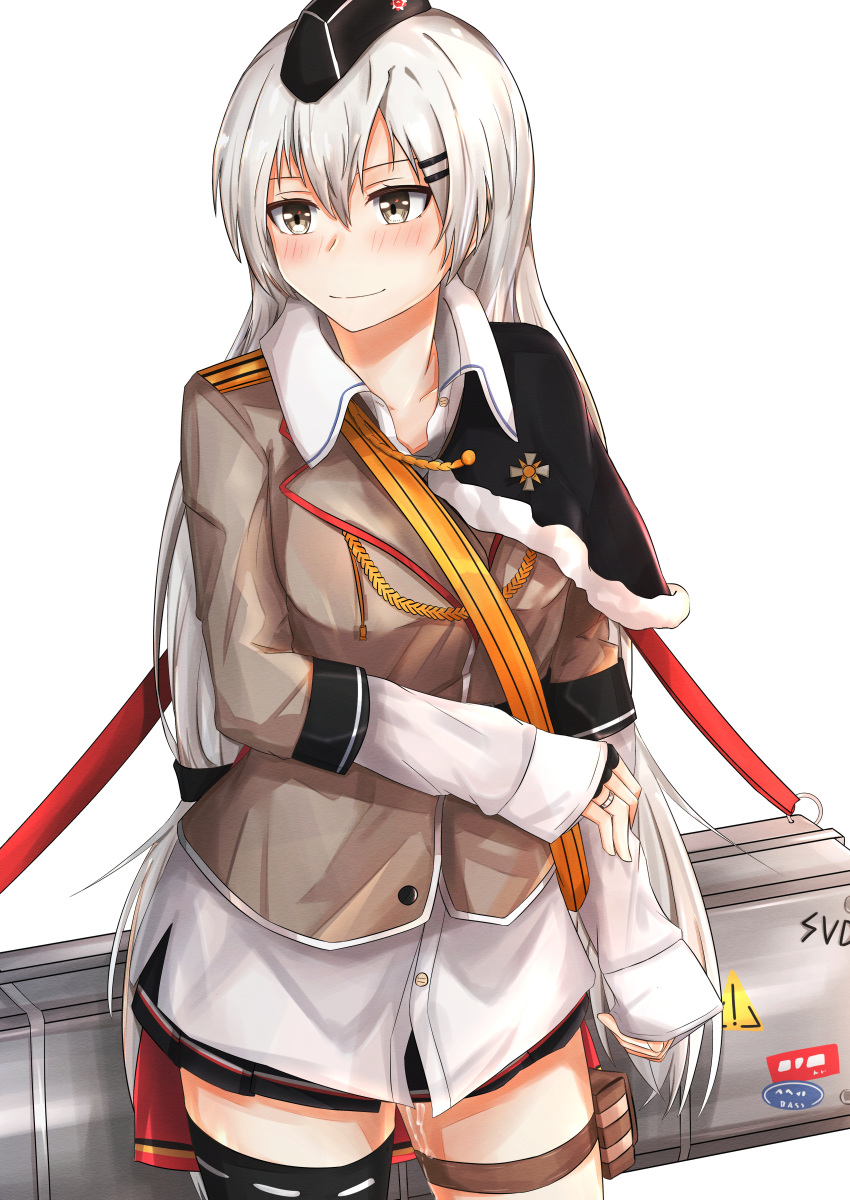 1girl absurdres baggy_pants barrette black_legwear black_skirt blush breasts character_name collarbone girls_frontline grey_eyes hat highres huge_filesize jewelry legs long_hair looking_away military military_hat military_uniform pants ring shirt silver_hair single_thighhigh skirt smile solo svd_(girls_frontline) svd_fun tape thigh-highs uniform weapon_case white_background white_hair white_shirt