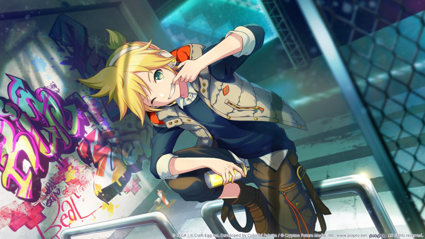 1boy aqua_eyes blonde_hair blue_shirt boots can commentary finger_in_mouth graffiti grin head_tilt headphones highres holding holding_can ixima kagamine_len leg_up looking_at_viewer male_focus one_eye_closed project_sekai shirt short_ponytail shorts smile spiky_hair spray_can urban vest vocaloid wire_fence