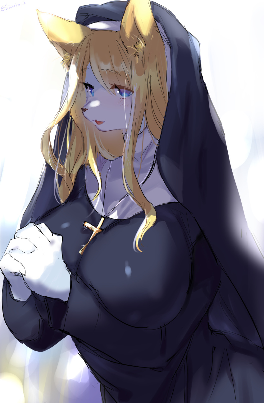 1girl :3 :d absurdres animal_ear_fluff animal_ears blonde_hair blue_eyes blush breasts cross eyebrows_visible_through_hair furry habit hands_together highres large_breasts nun open_mouth original simple_background smile snout solo suurin_(ksyaro) upper_body white_fur