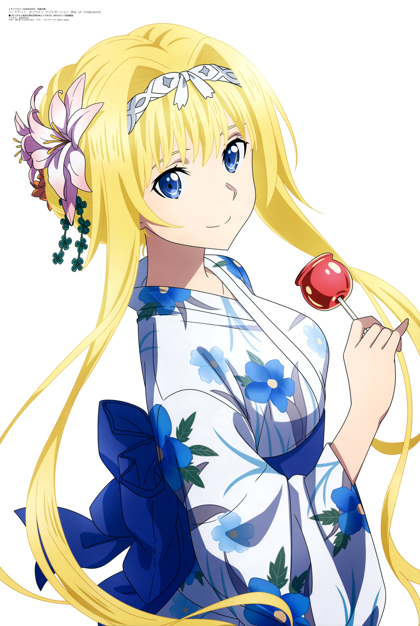 1girl absurdres alice_schuberg apple aqua_inc. bangs blonde_hair blue_eyes candy_apple closed_mouth floral_print flower food fruit hair_flower hair_intakes hair_ornament hairband highres holding holding_food japanese_clothes kimono looking_at_viewer megami obi official_art sash sidelocks smile solo standing sword_art_online sword_art_online_alicization yukata