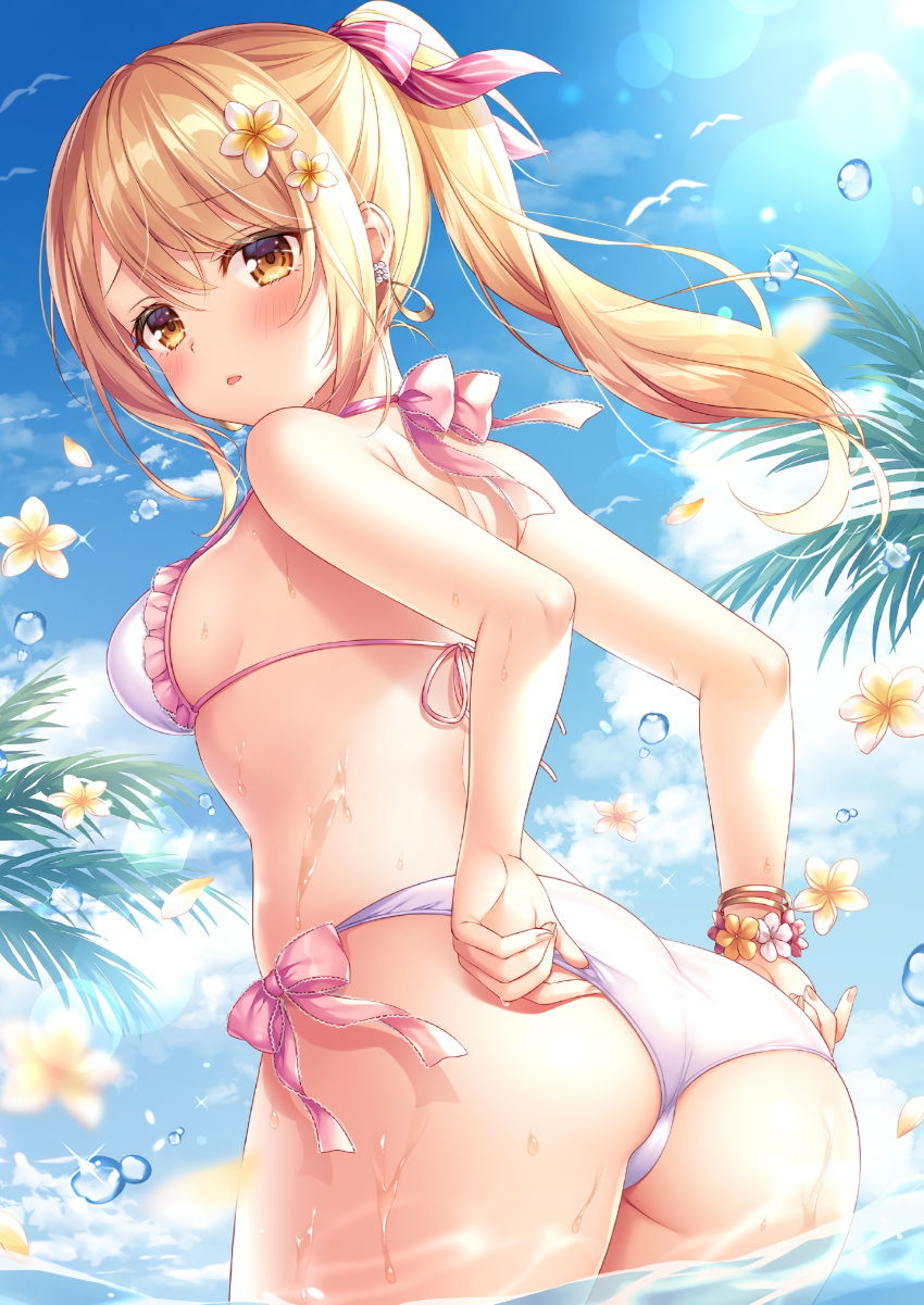 1girl ass bare_arms bare_shoulders bikini blonde_hair bracelet breasts clouds cowboy_shot day detexted earrings flower frilled_bikini frills from_behind hair_flower hair_ornament hair_ribbon halter_top halterneck highres jewelry long_hair looking_at_viewer looking_back medium_breasts melonbooks mitsuba_choco outdoors palm_leaf parted_lips ponytail ribbon side-tie_bikini sidelocks sky solo standing string_bikini swimsuit third-party_edit wading water wet white_bikini yellow_eyes yellow_flower