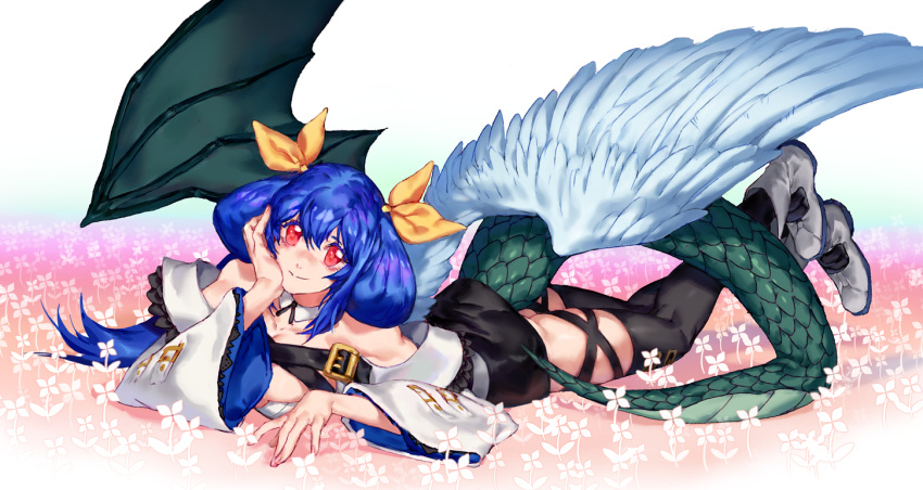 1girl asymmetrical_wings bangs blue_hair boots breasts choker detached_sleeves dizzy_(guilty_gear) dragon_tail flower guilty_gear guilty_gear_xrd hair_between_eyes hair_ribbon large_breasts long_hair lying monster_girl on_stomach red_eyes ribbon salamanshe solo tail thick_thighs thigh-highs thigh_strap thighs twintails wings yellow_ribbon