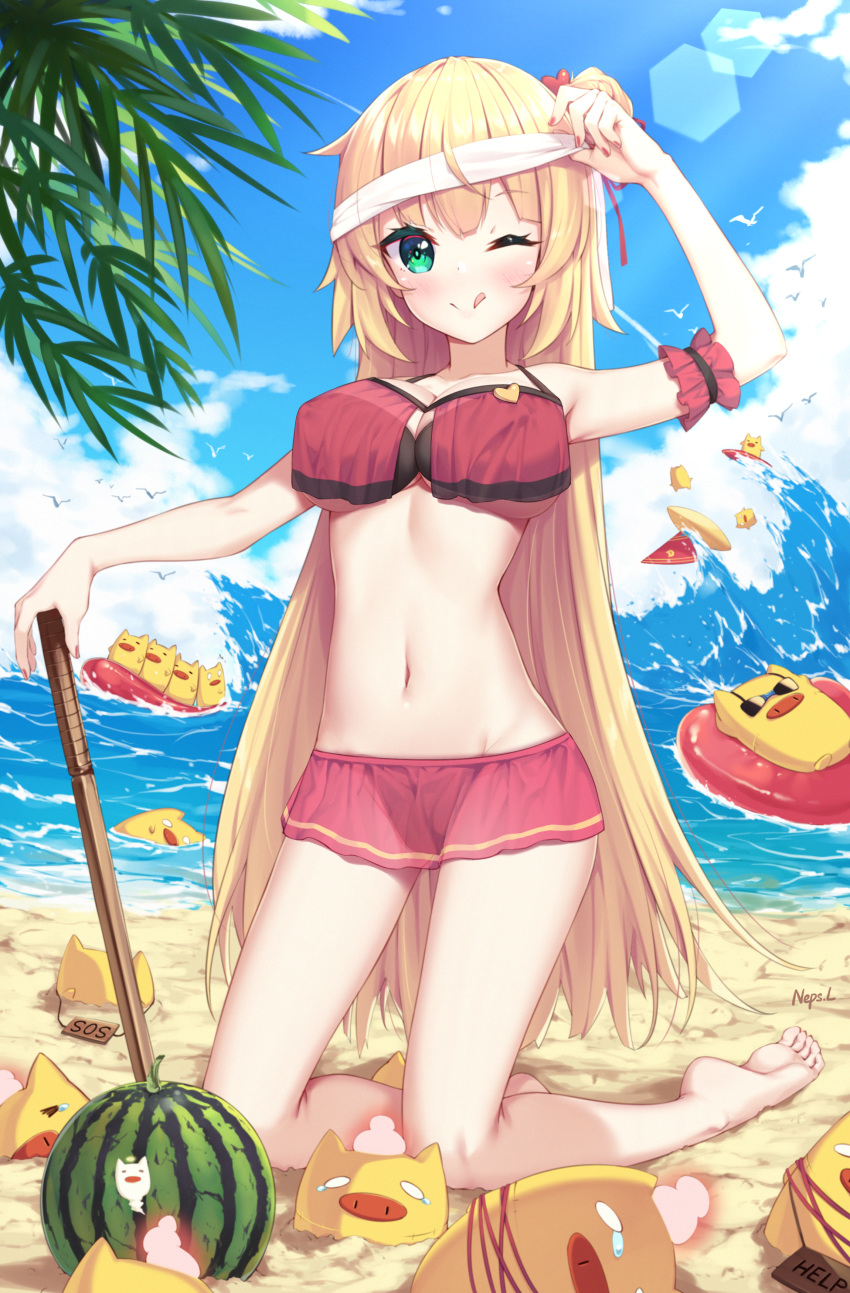 1girl absurdres akai_haato artist_name bangs bare_arms bare_shoulders barefoot beach bikini bikini_skirt blonde_hair blue_sky blush breasts clouds collarbone commentary_request day eyebrows_visible_through_hair food fruit green_eyes hair_ornament hairband heart heart_hair_ornament highres holding hololive huge_filesize innertube kneeling large_breasts long_hair looking_at_viewer navel neps-l ocean one_eye_closed outdoors red_bikini red_nails ribbon sky smile solo surfboard surfing swimsuit tongue tongue_out virtual_youtuber water watermelon waves white_hairband