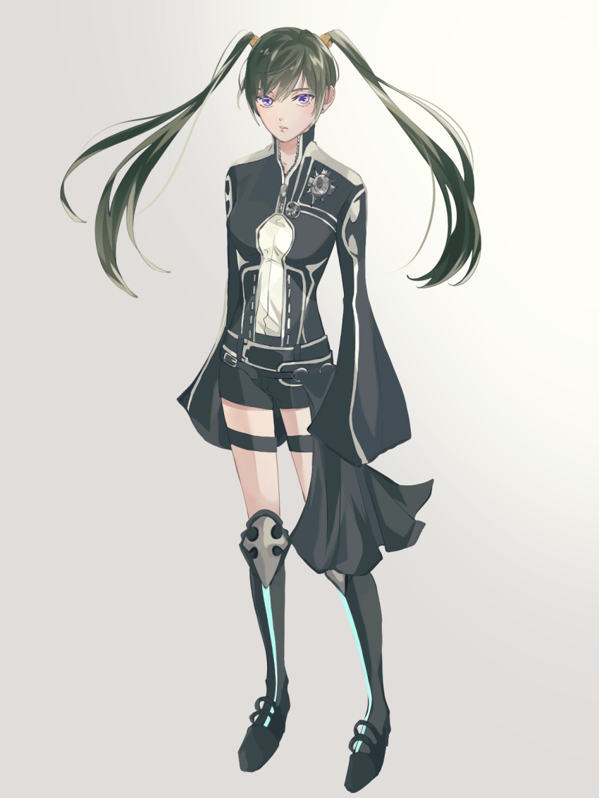13isaco 1girl bangs black_footwear black_jacket black_shorts boots closed_mouth d.gray-man floating_hair green_hair grey_background hair_between_eyes hair_ornament highres jacket knee_boots lenalee_lee long_hair looking_at_viewer shiny shiny_hair short_shorts shorts sleeves_past_fingers sleeves_past_wrists solo thigh_strap twintails uniform very_long_hair violet_eyes
