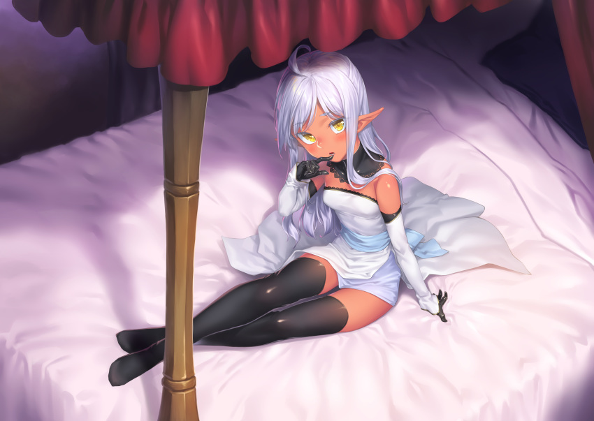 1girl absurdres ahoge bare_shoulders bed bedroom black_collar black_gloves black_legwear blush breasts collar dark_elf dark_skin detached_collar dress elbow_gloves elf eyebrows_visible_through_hair fanbox_reward finger_to_mouth gloves h_kasei highres huge_filesize long_hair looking_at_viewer naughty_face on_bed original paid_reward parted_lips pointy_ears sidelocks sitting sitting_on_bed small_breasts solo thigh-highs white_dress white_gloves white_hair yellow_eyes