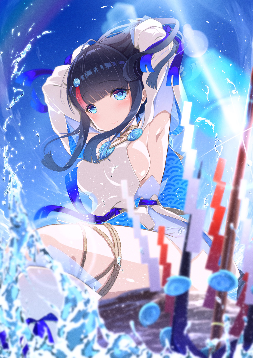 1girl absurdres armpits arms_behind_head arms_up artist_request bangs bare_shoulders black_hair blue_eyes blue_ribbon blue_sky blush breasts detached_leggings dress fate/grand_order fate/requiem fate_(series) fundoshi highres japanese_clothes jewelry large_breasts long_sleeves looking_at_viewer magatama magatama_hair_ornament medium_hair multicolored_hair necklace pelvic_curtain pink_hair polearm puffy_long_sleeves puffy_sleeves ribbon rock short_dress sideboob sideless_outfit sitting sky smile spear streaked_hair thighs utsumi_erise water weapon white_dress white_legwear