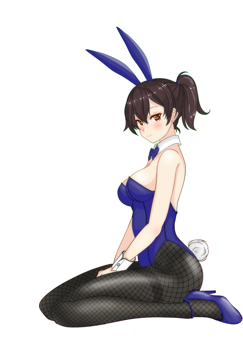 1girl absurdres animal_ears black_legwear blue_leotard blue_neckwear bow bowtie breasts brown_eyes brown_hair bunny_tail bunnysuit commentary_request detached_collar fishnet_legwear fishnets full_body highres kaga_(kantai_collection) kantai_collection leotard long_hair looking_at_viewer medium_breasts nitamago_(sakamalh) pantyhose rabbit_ears side_ponytail simple_background sitting solo strapless strapless_leotard tail thighband_pantyhose wariza white_background wrist_cuffs