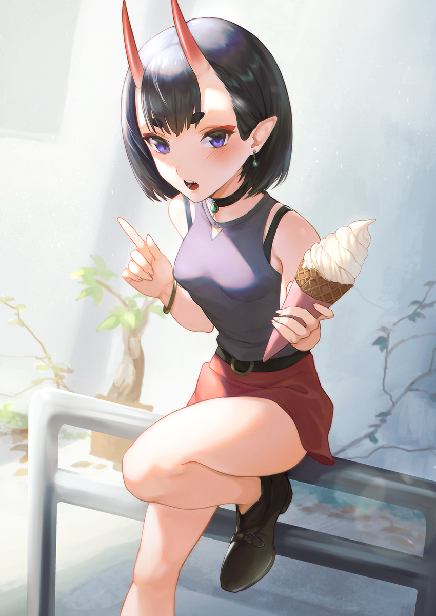 1girl :o alternate_costume bare_shoulders black_footwear black_hair bob_cut bracelet breasts casual choker commentary_request contemporary earrings fate/grand_order fate_(series) highres horns ice_cream_cone jewelry knee_up leaning_forward looking_at_viewer no_socks oni_horns open_mouth otsukemono red_skirt shoes short_hair shuten_douji_(fate/grand_order) sitting sitting_on_railing skin-covered_horns skirt small_breasts solo thick_eyebrows violet_eyes