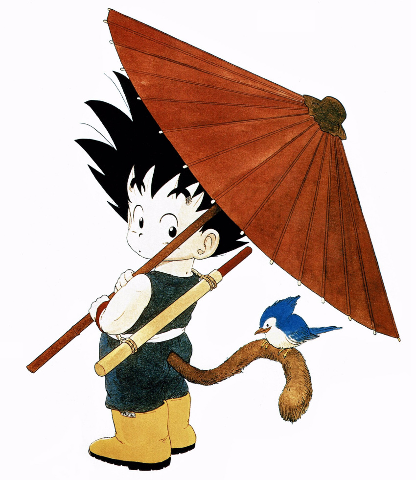 1boy :o animal bird bird_on_tail black_eyes black_hair boots commentary curious dougi dragon_ball dragon_ball_(classic) from_behind full_body highres holding holding_umbrella looking_back male_focus monkey_tail nape nyoibo official_art oriental_umbrella pale_skin simple_background son_gokuu spiky_hair surprised tail toriyama_akira umbrella white_background wide-eyed wristband yellow_footwear