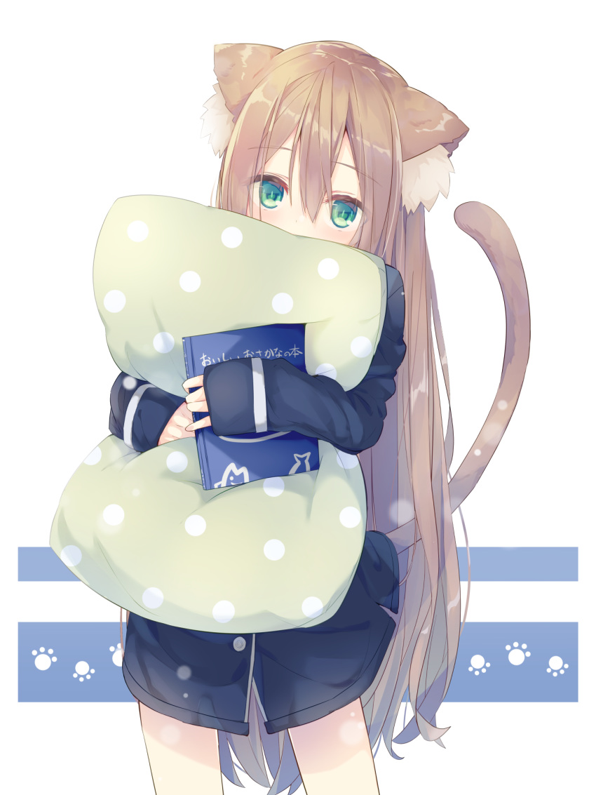 1girl animal_ears bangs blush book brown_hair cat_ears cat_tail eyebrows eyebrows_visible_through_hair green_eyes hair_between_eyes highres holding holding_book holding_pillow long_sleeves looking_at_viewer original pillow rb2 sleeves_past_wrists standing tail