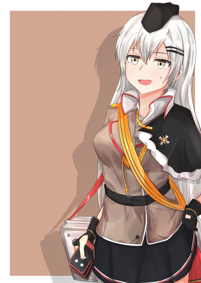 1girl absurdres barrette belt black_gloves black_skirt breasts brown_background brown_jacket girls_frontline gloves grey_eyes hat highres huge_filesize jacket long_hair looking_at_another military military_hat military_uniform open_mouth shirt silver_hair skirt solo svd_(girls_frontline) svd_fun sweat tape uniform weapon_case white_hair white_shirt