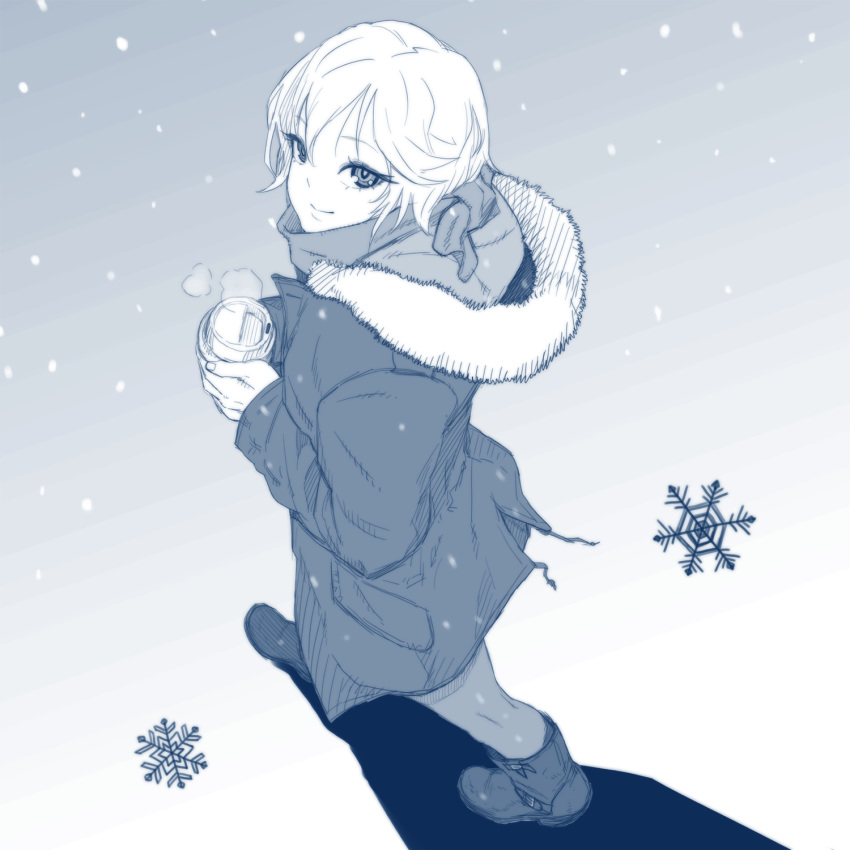 1girl anastasia_(idolmaster) blue_theme boots from_above from_side full_body highres holding hood hoodie hot_drink idolmaster idolmaster_cinderella_girls looking_at_viewer looking_up monochrome pantyhose short_hair simple_background smile snow snowflakes snowing solo steam sweater tocky walking