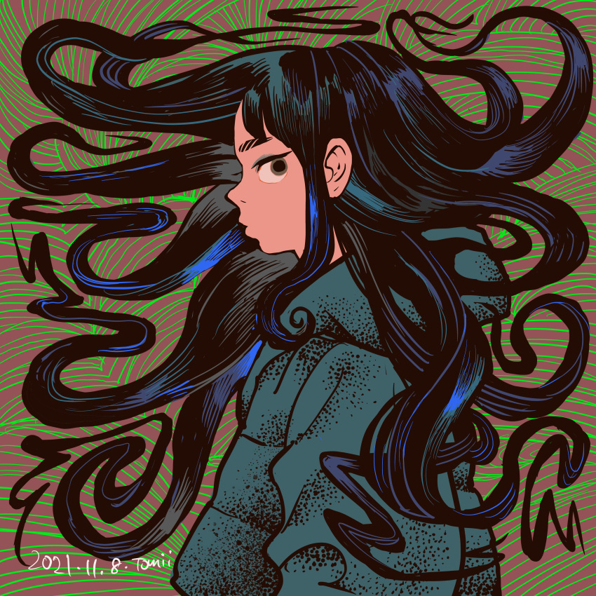 1girl abstract_background absurdres aqua_coat black_hair brown_eyes dated floating_hair highres long_hair looking_at_viewer original procreate_(medium) profile signature solo tomidoron