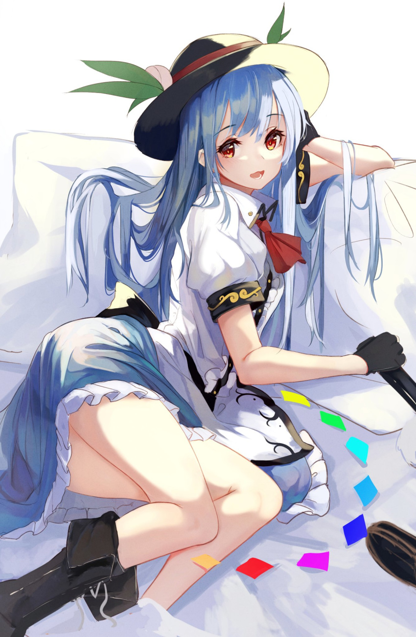 1girl bed_sheet black_footwear black_gloves black_headwear blue_hair blue_skirt boots food fruit gloves hat highres hinanawi_tenshi homo_1121 long_hair looking_at_viewer lying miniskirt on_side open_mouth peach puffy_short_sleeves puffy_sleeves red_eyes shirt short_sleeves skirt smile solo touhou white_background white_shirt