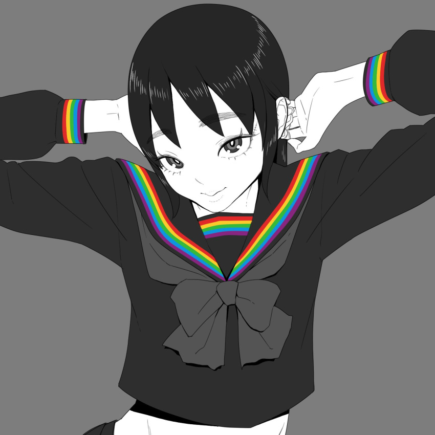 1girl arms_behind_head bow bowtie bright_pupils closed_mouth copyright_request eyebrows_visible_through_hair fingernails grey_background hands_up highres long_hair long_sleeves looking_at_viewer rainbow ringed_eyes shirt simple_background smile solo spot_color tocky white_pupils