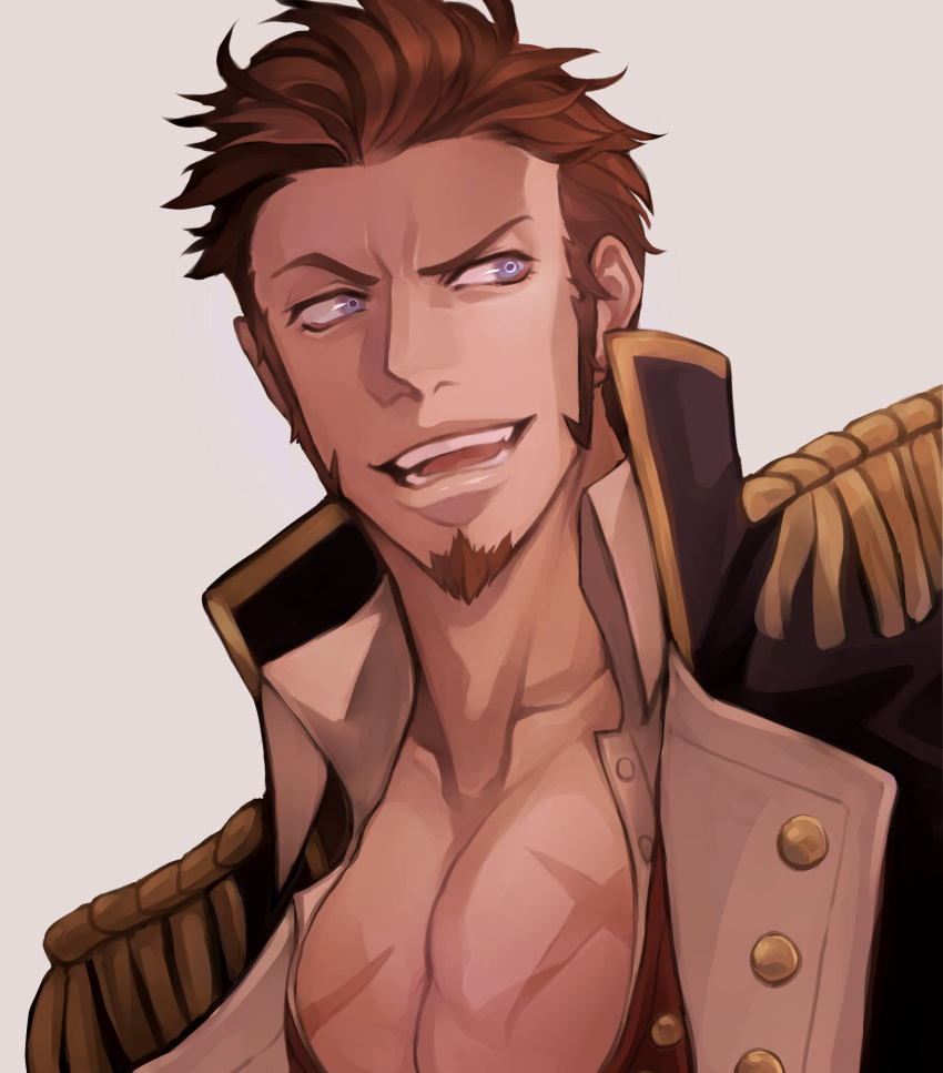 1boy bara beard blue_eyes brown_hair chest close-up collar cropped_torso epaulettes facial_hair fate/grand_order fate_(series) fringe_trim goatee highres jacket looking_to_the_side male_focus manly military military_uniform muscle napoleon_bonaparte_(fate/grand_order) open_clothes open_jacket open_mouth open_shirt pectorals raised_eyebrow scar shoujosuke sideburns simple_background smile solo unbuttoned uniform upper_body
