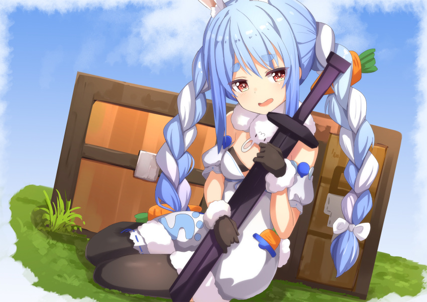1girl ame. animal_ear_fluff animal_ears bangs bare_shoulders black_gloves black_legwear blue_hair bow braid breasts carrot_hair_ornament commentary_request day detached_sleeves dress eyebrows_visible_through_hair food_themed_hair_ornament fur-trimmed_dress fur-trimmed_gloves fur_trim gloves grass hair_between_eyes hair_bow hair_ornament highres holding holding_sheath hololive long_hair multicolored_hair open_mouth outdoors pantyhose puffy_short_sleeves puffy_sleeves rabbit_ears red_eyes sheath sheathed short_eyebrows short_sleeves sidelocks sitting small_breasts solo strapless strapless_dress sword thick_eyebrows treasure_chest twin_braids twintails two-tone_hair usada_pekora very_long_hair virtual_youtuber weapon white_bow white_dress white_hair white_sleeves yokozuwari