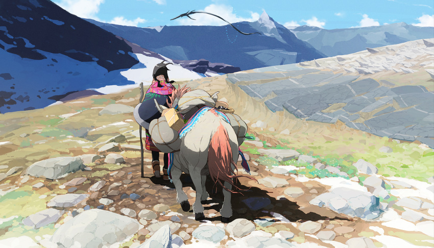 1girl animal bag blue_sky boots box capelet clouds commentary day dress fantasy highres hooves making-of_available mountain mountainous_horizon original outdoors pack_animal rock scenery sky solo tail uki_atsuya walking_stick