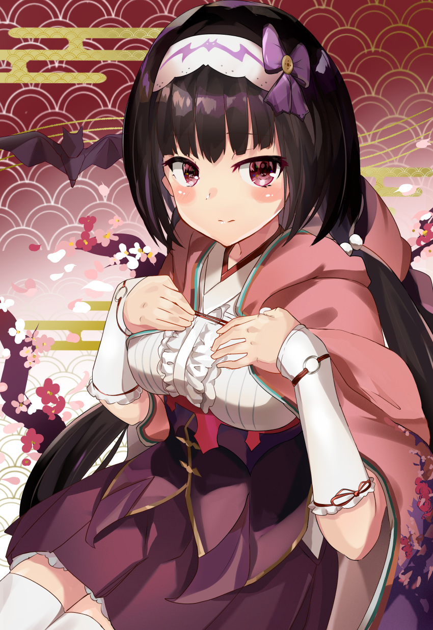 1girl absurdres bangs bat blonde_hair blush breasts brown_hair cloak detached_sleeves fate/grand_order fate_(series) floral_print hairband highres hood hooded_cloak large_breasts long_hair looking_at_viewer low_twintails osakabe-hime_(fate/grand_order) pink_cloak purple_skirt purple_sky same_(sendai623) sitting skirt sky thighs twintails very_long_hair white_legwear
