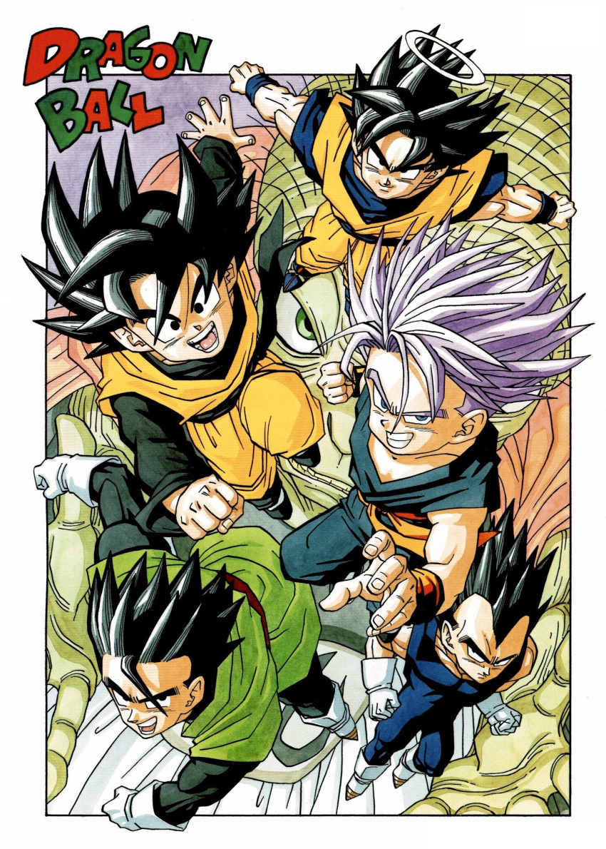 5boys :d arms_at_sides babidi bangs black_eyes black_hair blue_eyes border brothers clenched_hands clenched_teeth collarbone commentary copyright_name dougi dragon_ball dragon_ball_z evil_smile father_and_son fighting_stance fingernails flying frown full_body gloves green_eyes grin hair_between_eyes halo highres looking_at_viewer male_focus messy_hair multiple_boys muscle official_art open_mouth outstretched_hand palms pectorals perspective purple_background purple_hair serious shaded_face shiny shiny_hair siblings simple_background smile son_gohan son_goku son_goten spiky_hair teeth toriyama_akira trunks_(dragon_ball) v-shaped_eyebrows vegeta white_border white_gloves wristband