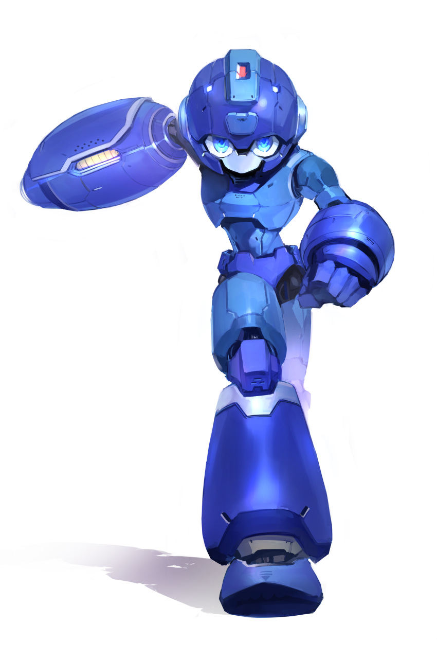 1boy absurdres blue_eyes clenched_hand gradient helmet highres male_focus robot rockman running shadow shimoguchi_tomohiro simple_background solo weapon white_background