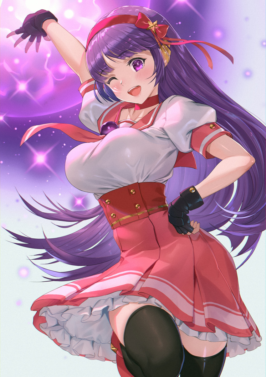 1girl arm_up asamiya_athena bangs black_legwear black_thighhighs blush breasts choker fingerless_gloves frills gloves hair_ribbon hairband hand_on_hip highres long_hair looking_at_viewer medium_breasts mhk_(mechamania) one_eye_closed open_mouth parted_bangs pink_hairband pink_sailor_collar pink_skirt pleated_skirt puffy_short_sleeves puffy_sleeves purple_eyes purple_hair ribbon sailor_collar school_uniform serafuku skirt smile solo standing_on_one_leg the_king_of_fighters thigh-highs wink zettai_ryouiki