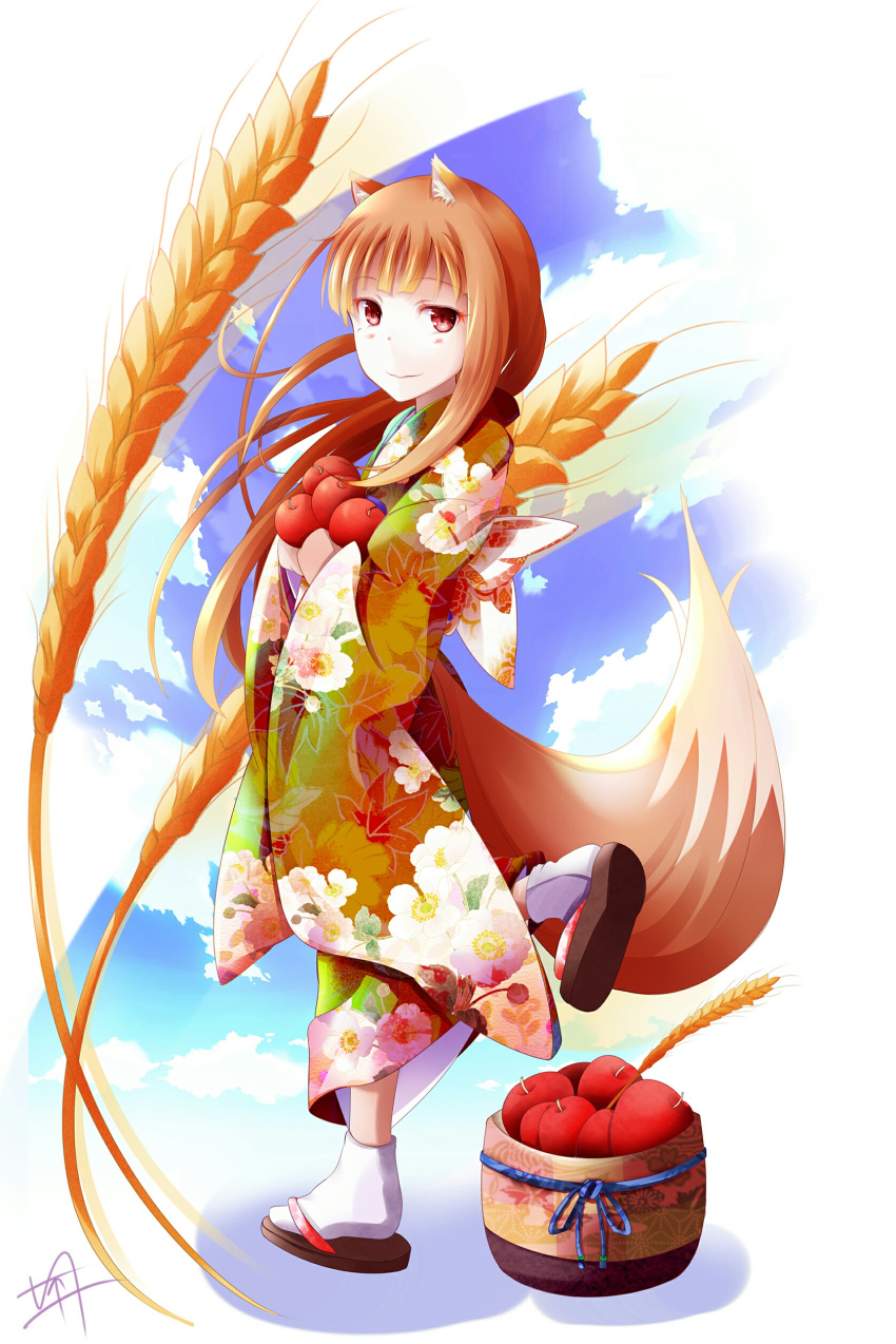 1girl absurdres alternate_costume animal_ear_fluff animal_ears bangs blush brown_hair child closed_mouth floating_hair floral_print food fruit fudo_shin highres holding holding_food holding_fruit holo japanese_clothes kimono long_hair long_sleeves looking_at_viewer print_kimono red_apple red_eyes shiny shiny_hair signature simple_background smile solo spice_and_wolf tabi tail very_long_hair walking wheat white_background white_legwear wide_sleeves wolf_ears wolf_tail younger