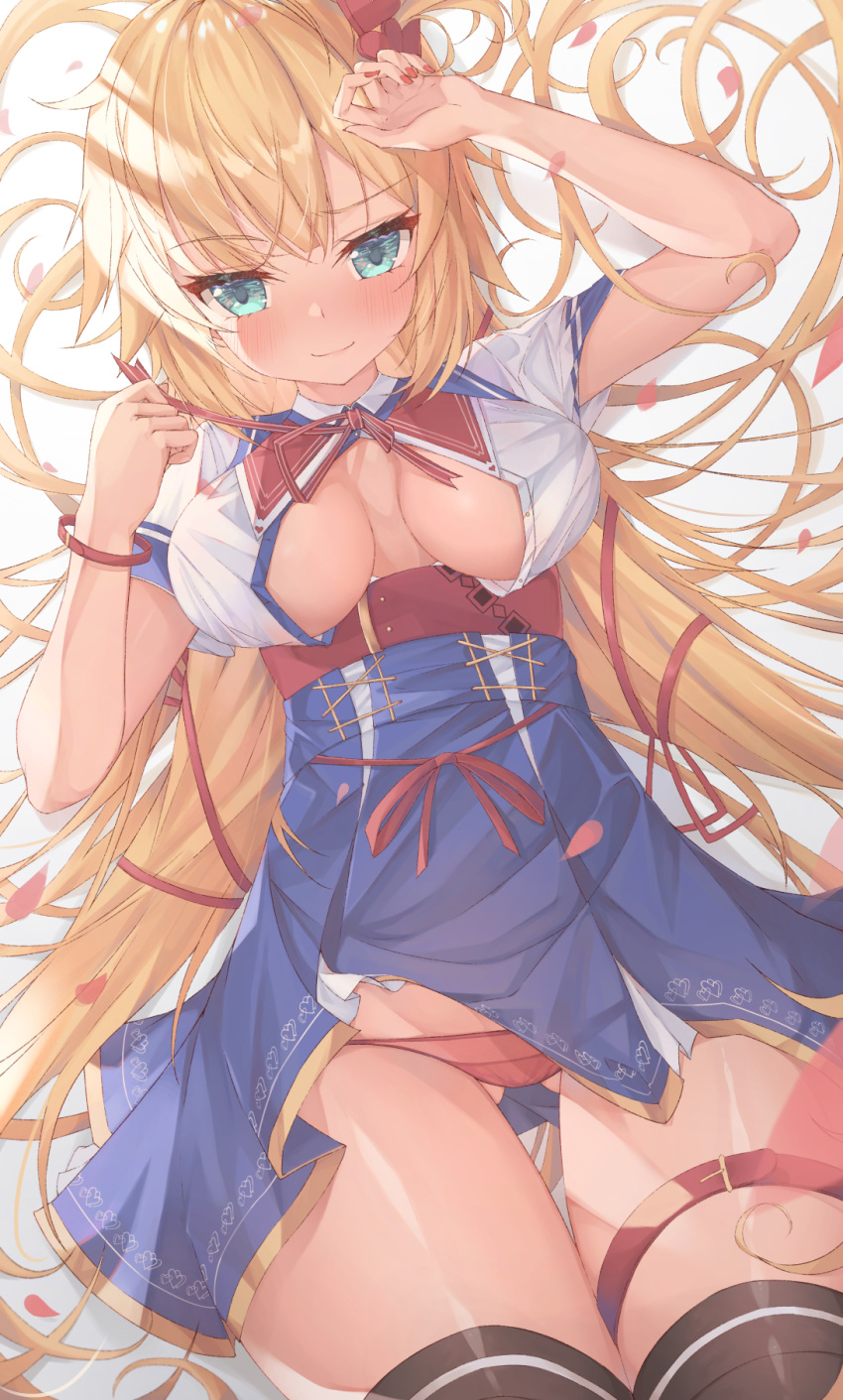 1girl akai_haato black_legwear blonde_hair blue_eyes blush breasts hair_ornament heart heart_hair_ornament highres hololive kinako12547 lowleg lowleg_panties lying no_bra on_back open_clothes open_shirt panties petals red_panties school_uniform skirt skirt_lift smile solo thigh-highs thigh_strap thighs underwear virtual_youtuber