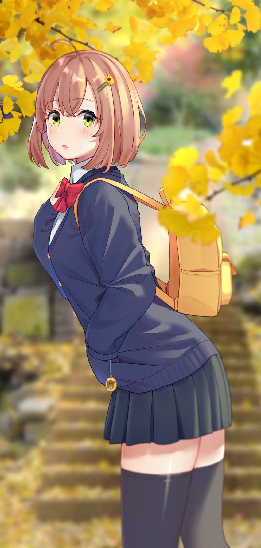 1girl :o absurdres ahoge backpack bag bangs blurry blurry_background bow brown_hair buttons cardigan collared_shirt day eyebrows_visible_through_hair flower ginkgo green_eyes hair_flower hair_ornament hairpin hand_in_pocket highres honma_himawari image_noise kongbai leaning_forward looking_at_viewer nijisanji open_mouth pleated_skirt red_bow school_uniform shirt short_hair skirt solo standing sunflower sunflower_hair_ornament tagme thigh-highs twisted_torso virtual_youtuber zettai_ryouiki
