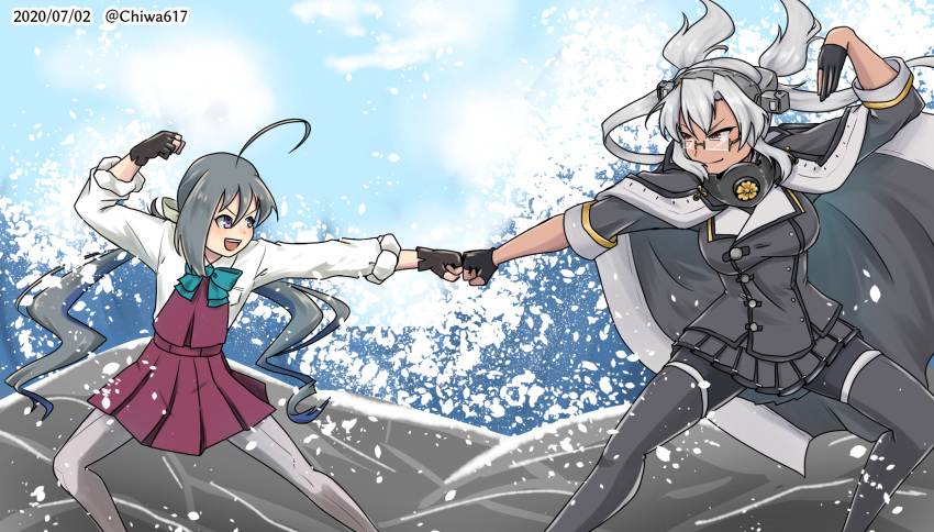 2girls ahoge black_gloves black_legwear black_skirt brown_eyes cape chiwa_(chiwa0617) commentary_request dark_skin dated fist_bump g_gundam glasses gloves grey_eyes grey_hair grey_legwear gundam hair_between_eyes hair_bun halterneck headgear highres kantai_collection kikumon kiyoshimo_(kantai_collection) long_hair low_twintails multiple_girls musashi_(kantai_collection) pantyhose partly_fingerless_gloves pleated_skirt pose remodel_(kantai_collection) school_uniform semi-rimless_eyewear shirt silver_hair skirt sleeves_rolled_up thigh-highs twintails twitter_username two_side_up very_long_hair waves white_shirt