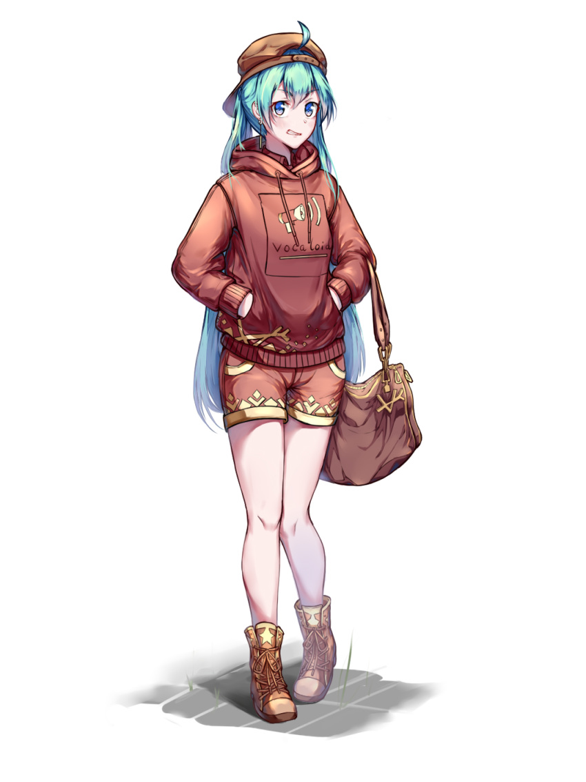 1girl alternate_costume alternate_hairstyle backwards_hat bag baseball_cap blue_eyes blue_hair boots copyright_name cowlick handbag hands_in_pockets hat hatsune_miku highres hood hoodie long_hair looking_at_viewer mixed-language_commentary red_hoodie red_shorts rzx0 scowl shorts solo standing vocaloid white_background
