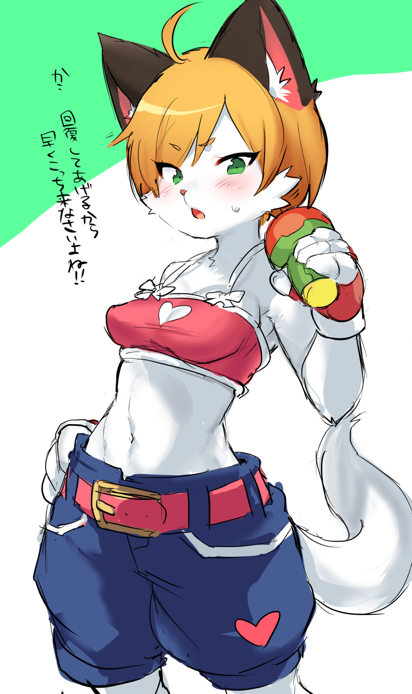 1girl :o absurdres ahoge animal_ear_fluff animal_ears animal_nose baggy_shorts belt blush breasts cat cat_ears cat_girl cat_tail claws commentary_request cowboy_shot eyebrows_visible_through_hair fingerless_gloves furrowed_eyebrows furry gloves green_eyes hand_on_hip highres looking_at_viewer medium_breasts navel open_mouth orange_hair original red_belt solo standing suurin_(ksyaro) sweat sweatdrop tail translation_request white_fur