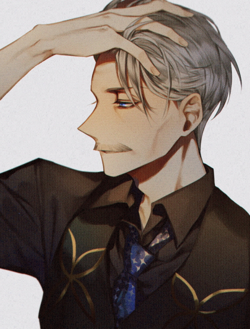 1boy albino_(a1b1n0623) bangs blue_eyes blue_neckwear collared_shirt facial_hair fate/grand_order fate_(series) formal grey_hair hand_in_hair highres james_moriarty_(fate/grand_order) long_sleeves looking_to_the_side male_focus mustache necktie shiny shiny_hair shirt simple_background smile solo star_(symbol) upper_body vest