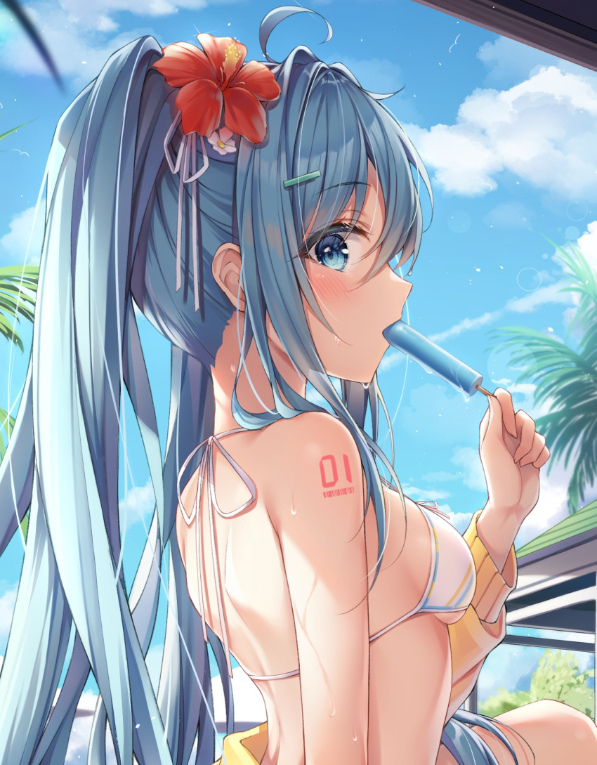 1girl ahoge bangs barcode_tattoo bikini bikini_top blue_eyes blue_hair blue_sky breasts clouds commentary_request dangmyo day eating flower food hair_flower hair_ornament hairclip hatsune_miku highres holding holding_food leaf looking_at_viewer looking_to_the_side outdoors palm_tree popsicle sidelocks sitting sky small_breasts solo sweat swimsuit tattoo tree twintails under_boob vocaloid wet white_bikini