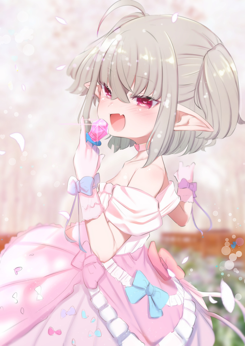 1girl :d absurdres ahoge bare_shoulders blush candy collar dress fang food gloves grey_hair heart heart-shaped_pupils highres jewelry kio_(yumekuikio) makaino_ririmu nijisanji open_mouth petals pink_gloves ring smile solo symbol-shaped_pupils twintails violet_eyes virtual_youtuber