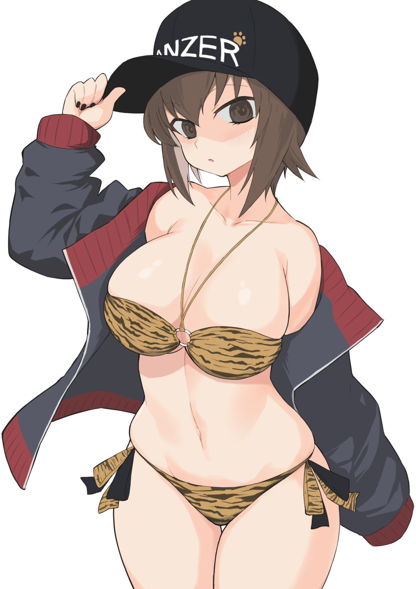 1girl animal_print baseball_cap bikini black_headwear black_jacket breasts brown_bikini brown_eyes brown_hair collarbone commentary_request cowboy_shot girls_und_panzer hat highres jacket large_breasts looking_at_viewer nishizumi_maho o-ring o-ring_bikini short_hair side-tie_bikini simple_background solo swimsuit tiger_print white_background yabai_gorilla