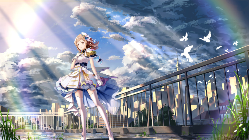 1girl absurdres ayano_yuu_(sonma_1426) bangs beret bird blue_capelet blue_sky brown_eyes building capelet cityscape closed_mouth clouds cloudy_sky commentary_request day dress gloves grass hat highres idol idolmaster idolmaster_shiny_colors light_brown_hair looking_at_viewer medium_hair mini_hat outdoors overcast railing sakuragi_mano shoes short_dress sky smile solo standing sunlight thigh-highs thigh_strap tilted_headwear white_dress white_footwear white_gloves white_headwear white_legwear wind