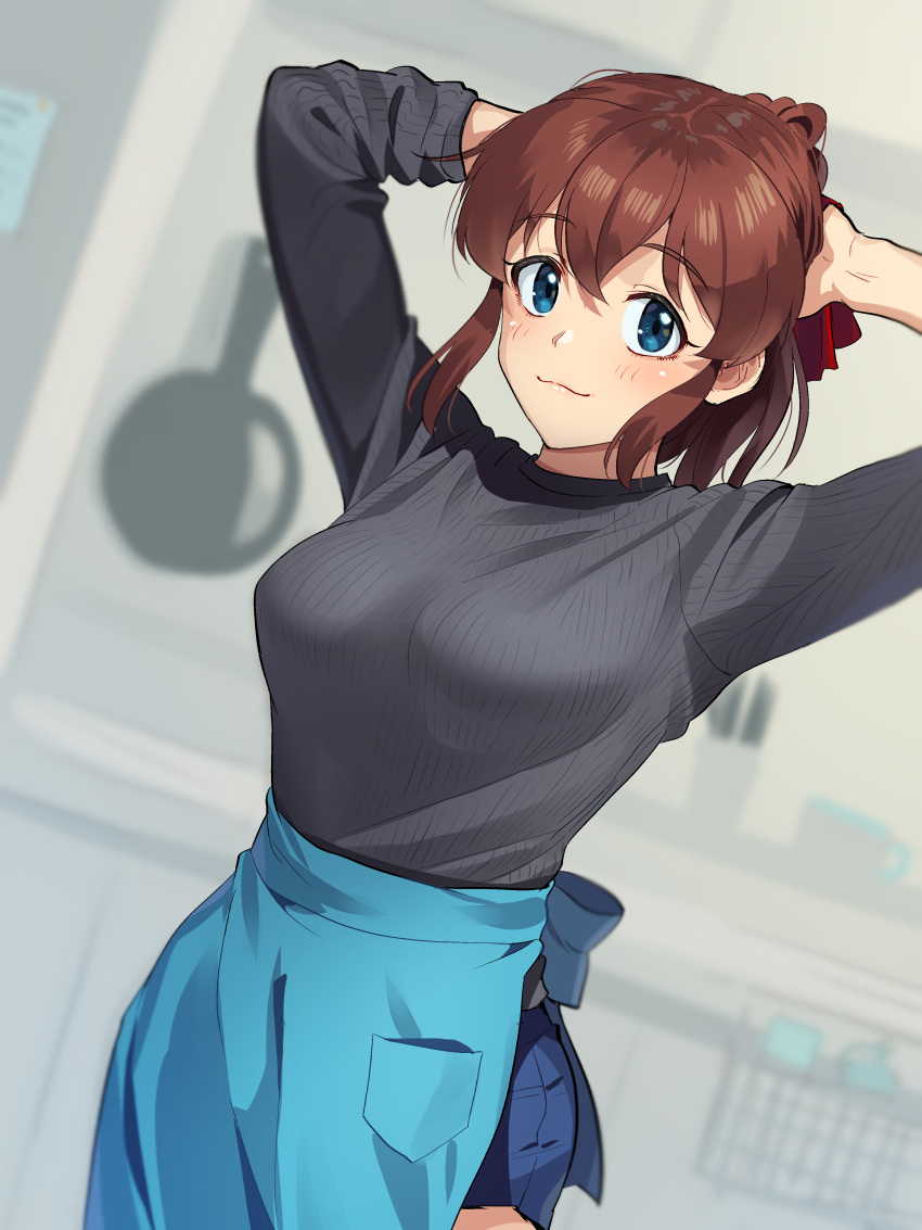 1girl absurdres apron bangs blue_apron blue_eyes blue_skirt blurry blurry_background brown_hair closed_mouth commentary depth_of_field dutch_angle eyebrows_visible_through_hair grey_shirt hair_ribbon highres idolmaster idolmaster_million_live! indoors kamille_(vcx68) kitchen long_sleeves looking_at_viewer medium_hair miniskirt pleated_skirt ponytail red_ribbon ribbed_shirt ribbon satake_minako shirt skirt smile solo standing tying_hair waist_apron