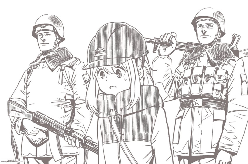 1girl 2boys ak-74 assault_rifle brown_theme character_request closed_mouth dated gun helmet holding holding_gun holding_weapon horikou kagamihara_nadeshiko long_sleeves military military_jacket military_uniform monochrome multiple_boys over_shoulder parted_lips pouch real_life rifle signature simple_background smile soldier soviet soviet_union sweatdrop uniform weapon weapon_over_shoulder white_background yurucamp