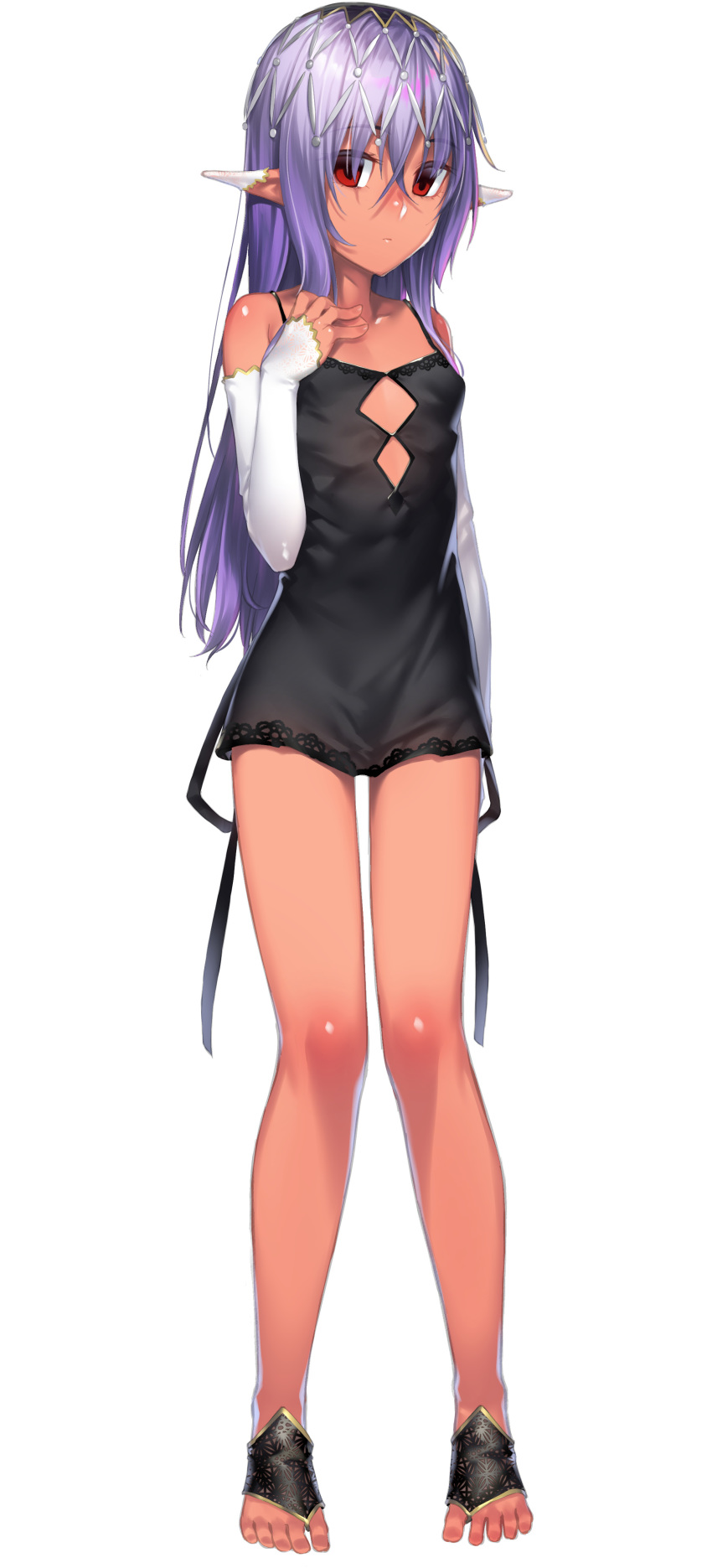 1girl absurdres bare_legs bare_shoulders black_dress black_footwear breasts collarbone dark_elf dark_skin dress ear_ornament elf empty_eyes expressionless eyebrows_visible_through_hair fanbox_reward flat_chest full_body gloves h_kasei hair_between_eyes hand_on_own_chest highres long_hair original paid_reward pointy_ears purple_hair red_eyes simple_background sleeveless sleeveless_dress solo spaghetti_strap white_background white_gloves