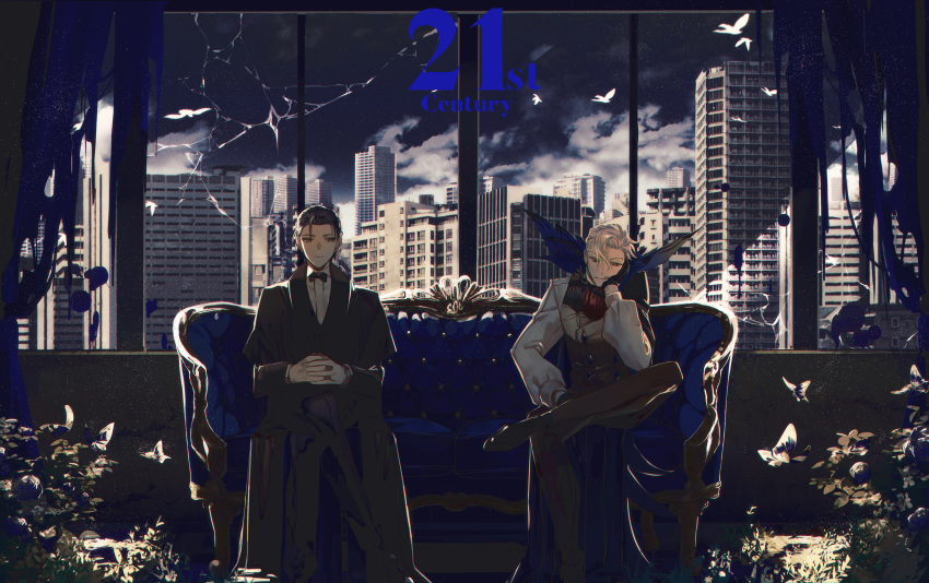 2boys absurdres albino_(a1b1n0623) bangs bird black_gloves black_hair blue_eyes bow bowtie broken_glass bug building butterfly cape city clouds cloudy_sky couch curtains elbow_rest english_text facial_hair fate/grand_order fate_(series) formal full_body glass gloves green_eyes grey_hair hair_slicked_back hand_on_own_face hands_clasped hands_together high_collar highres huge_filesize insect jacket james_moriarty_(fate/grand_order) leg_up long_sleeves looking_at_viewer male_focus multiple_boys mustache number own_hands_together pants parted_bangs plant sherlock_holmes_(fate/grand_order) shiny shiny_hair shoes sky smile vest