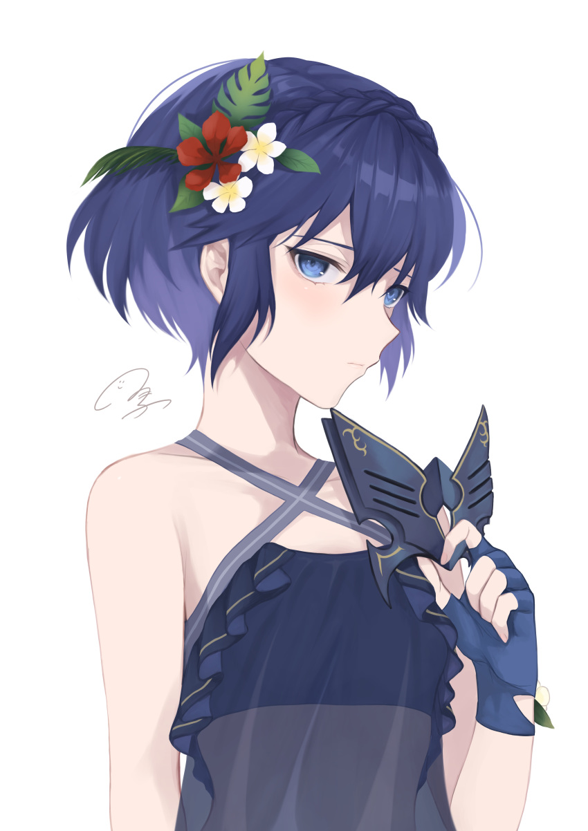 1girl absurdres akina_(akn_646) blue_eyes blue_gloves blue_hair closed_mouth criss-cross_halter fingerless_gloves fire_emblem fire_emblem_awakening fire_emblem_heroes flower gloves hair_flower hair_ornament halterneck highres holding holding_mask lucina_(fire_emblem) marth_(fire_emblem_awakening) mask see-through short_hair simple_background solo swimsuit upper_body white_background