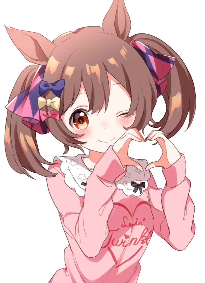 1girl animal_ears bangs blush brown_eyes brown_hair buchi_(y0u0ri_) closed_mouth collared_shirt dot_nose heart heart_hands highres horse_ears long_sleeves looking_at_viewer medium_hair one_eye_closed pink_shirt shirt simple_background smart_falcon_(umamusume) smile solo twintails umamusume upper_body white_background