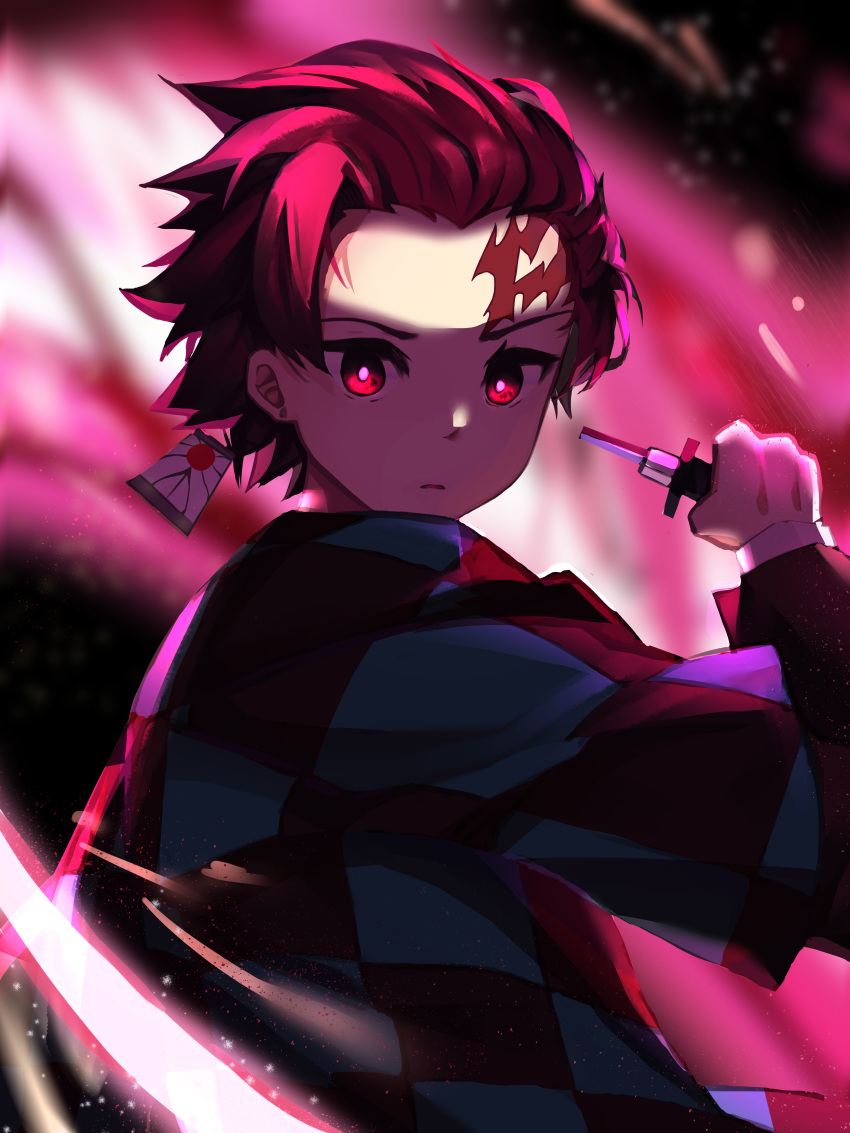 1boy absurdres checkered dbeka0622 earrings facial_mark haori highres holding holding_sword holding_weapon japanese_clothes jewelry kamado_tanjirou kimetsu_no_yaiba looking_at_viewer male_focus red_eyes redhead scar solo sword upper_body weapon