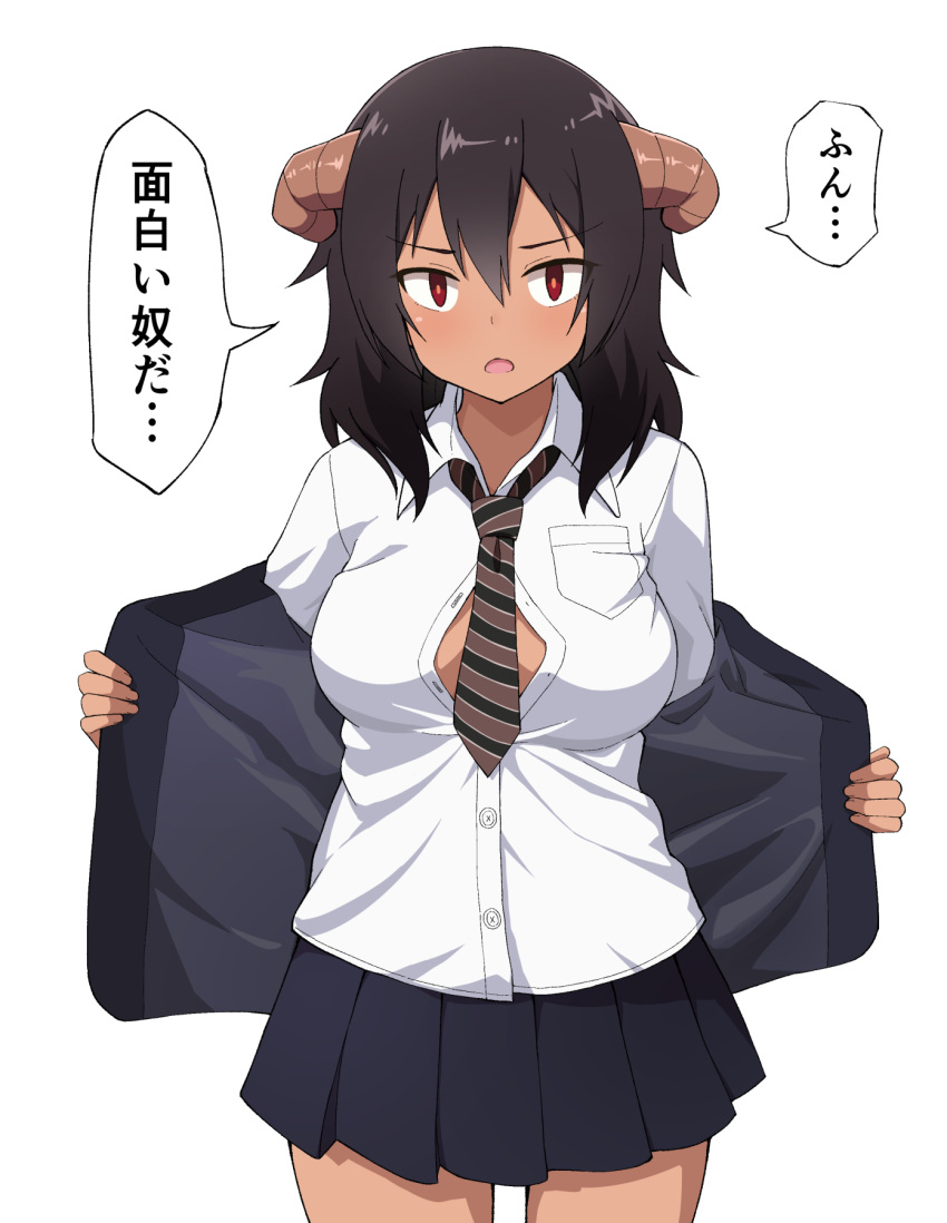 1girl azazel_(gabriel_dropout) bangs black_hair black_skirt blazer breasts collared_shirt cowboy_shot dark_skin demon_girl demon_horns dress_shirt eyebrows_visible_through_hair gabriel_dropout hair_between_eyes highres horns jacket long_sleeves looking_at_viewer medium_breasts medium_hair miniskirt necktie nyaroon open_clothes open_jacket open_mouth open_shirt pleated_skirt red_eyes school_uniform serafuku shirt skirt solo speech_bubble striped striped_neckwear white_background white_shirt