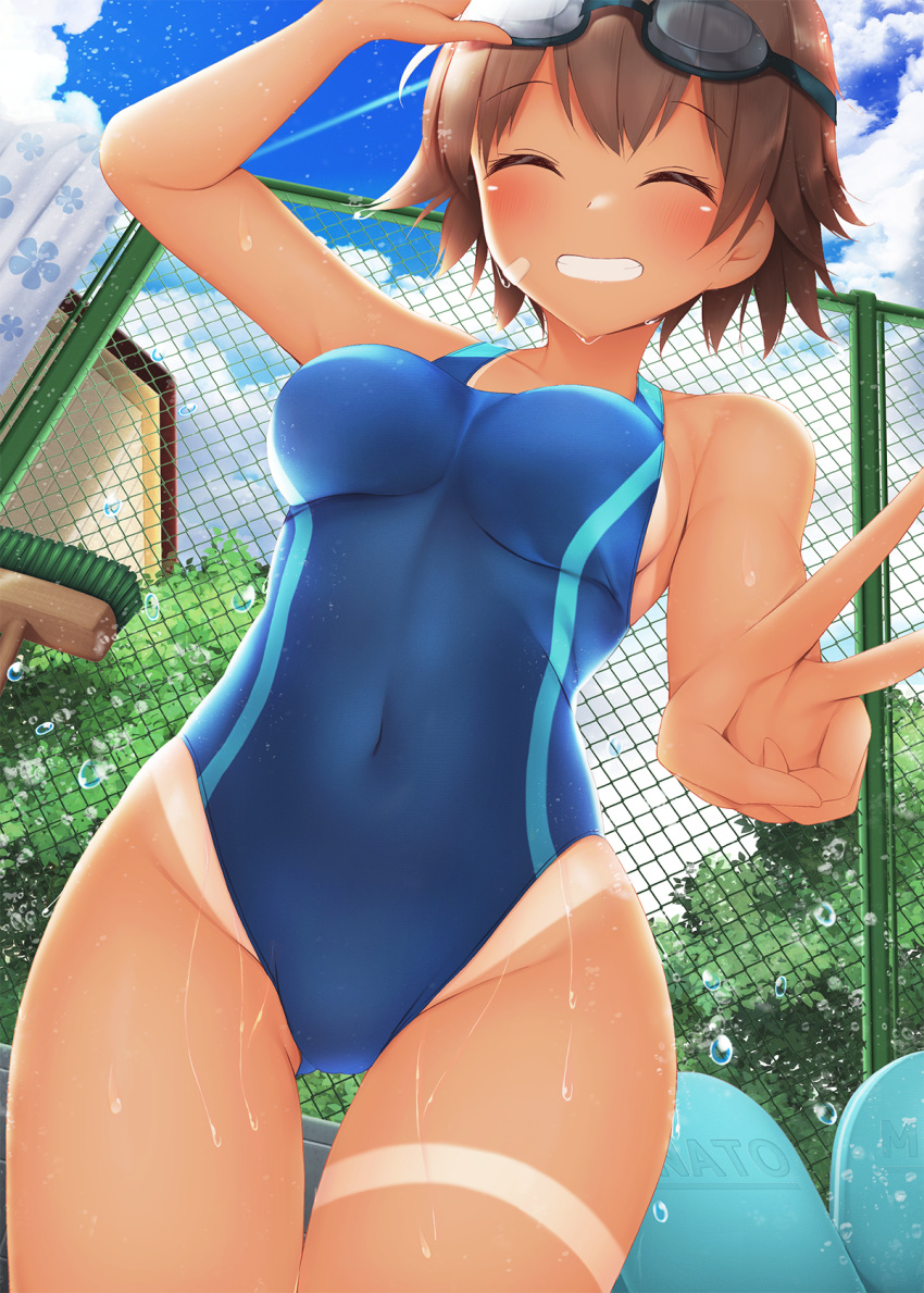 1girl bandaid bandaid_on_face blue_sky blue_swimsuit brown_hair chain-link_fence cleaning_brush closed_eyes clouds commentary_request competition_swimsuit cowboy_shot day fence goggles goggles_on_head grin highres kickboard looking_at_viewer minato_(ojitan_gozaru) one-piece_swimsuit one-piece_tan original outdoors power_lines short_hair sky smile solo swimsuit tan tanline thigh_gap towel wet
