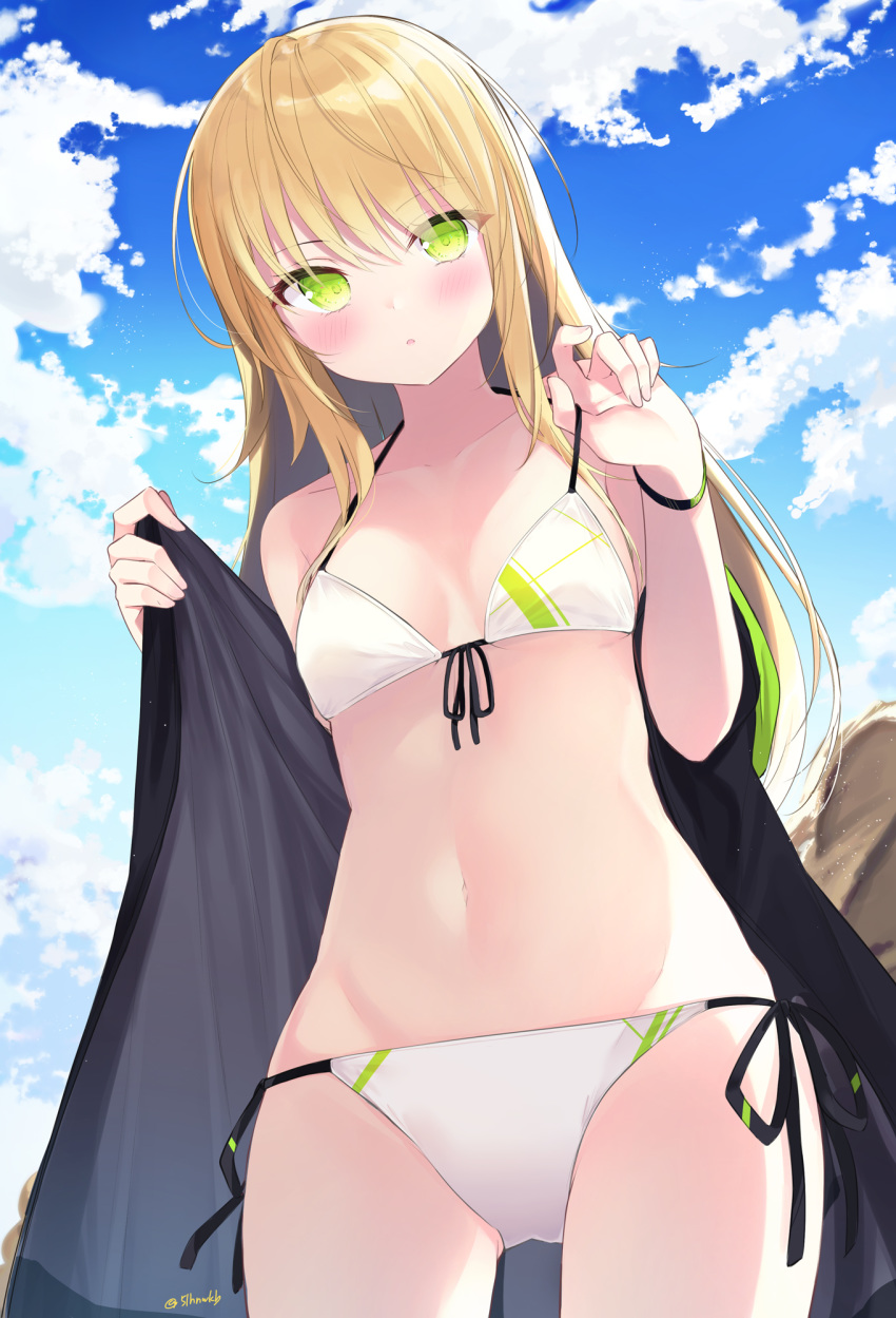 1girl bare_shoulders bikini black_jacket blonde_hair breasts clouds collarbone cowboy_shot day front-tie_bikini front-tie_top green_eyes groin halter_top halterneck hands_up highres jacket long_hair looking_at_viewer navel off_shoulder open_clothes open_jacket original outdoors parted_lips sasahara_wakaba side-tie_bikini sky small_breasts solo standing stomach strap_pull string_bikini swimsuit thighs white_bikini wristband