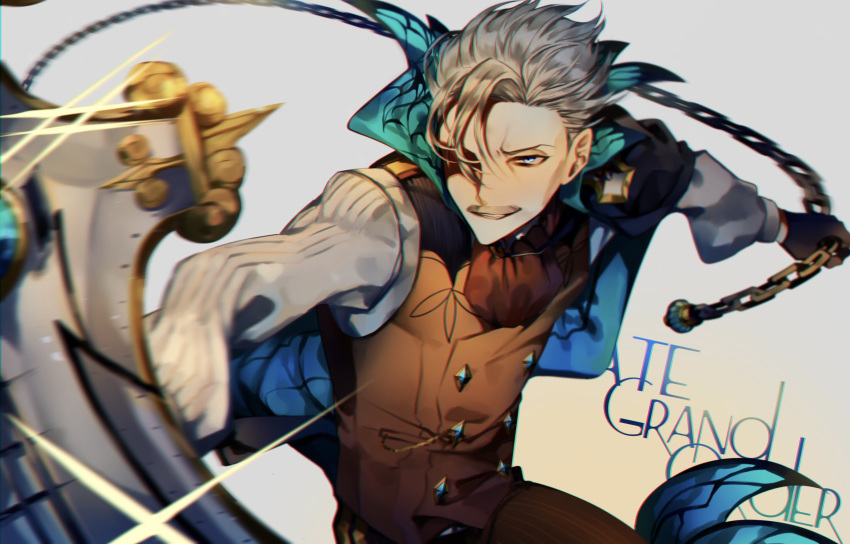 1boy absurdres albino_(a1b1n0623) blue_eyes bug butterfly chain cravat facial_hair fate/grand_order fate_(series) fighting_stance formal gloves grey_hair hair_over_one_eye highres holding holding_weapon insect james_moriarty_(fate/grand_order) long_sleeves looking_at_viewer male_focus mustache open_mouth shiny shiny_hair simple_background smile solo upper_body vest weapon